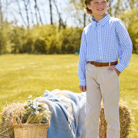 Little English classic kids clothing. Blue and white plaid button down shirt for boys for Fall, Classic pant in pebble twill
