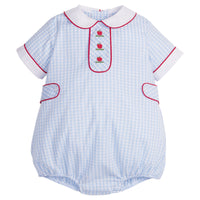 Little English classic bubble for baby boys. Light blue gingham bubble with peter pan collar and apple embroidery for back to school.