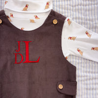 Little English classic printed turtleneck with seated labs paired with a chocolate corduroy john john for toddler boys