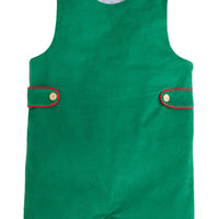 Little English classic kids clothes, evergreen corduroy john john with wood button details and button tabs with red piping for little boys