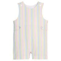 Little English traditional children's clothing. Classic button tab john john for toddler boys in rainbow stripe seersucker