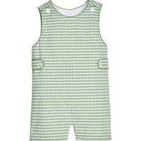 Little English traditional children's clothing. Green Watercress Gingham john john with button tabs for toddler boys