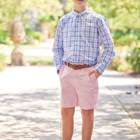 Little English traditional children's clothing. Boy's light blue, pink and green plaid button down shirt for Spring. Boy's Easter shirt