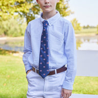 Little English classic children's clothing, light blue seersucker button down shirt with american flag neck tie, traditional boy's outfit