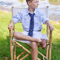 Little English classic children's clothing, light blue seersucker button down shirt with american flag neck tie, traditional boy's outfit