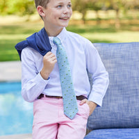Little English traditional children's clothing, classic boy's light blue neck tie with alligators, pink twill shorts and white oxford button down shirt