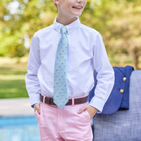 Little English traditional children's clothing, classic boy's light blue neck tie with alligators, pink twill shorts and white oxford button down shirt