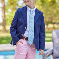 Little English traditional children's clothing, classic boy's light blue neck tie with alligators, wool blazer with white oxford button down shirt and pink twill shorts