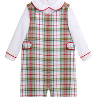 Little English traditional children's clothing. Holiday John John set for toddler boys. Long sleeve white peter pan shirt with red piping paired with colorful red, yellow, green, blue, and white Douglas Plaid john john