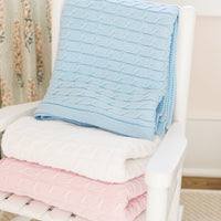 Cable Knit Blanket - Light blue, white, and light pink Little English, classic children's clothing, preppy children's clothing, traditional children's clothing, classic baby clothing, traditional baby clothing