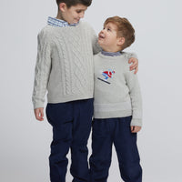 Little English traditional children's clothing. Unisex gray cable knit sweater for Fall, Intarsia sweater with Ski motif on chest, Button Down Shirt in Blue Ridge Plaid, striped turtleneck in navy, Classic Pant in Navy, for little boy