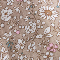 Little English traditional children's clothing. Tan, white, and pink Camden Floral fabric swatch