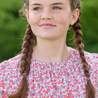 Little English traditional children's clothing. Soft blue and raspberry red Lennox Floral short sleeve dress with elastic waist