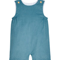 Little English classic kids clothing, aqua blue Alpine corduroy shortall with wood button details for toddler boys for Fall