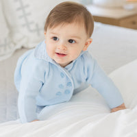 Little English baby knit button front coat in light blue, baby jogger set in light blue