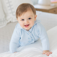 Little English baby knit button front coat in light blue, baby jogger set in light blue