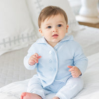 Little English baby knit button front coat in light blue, baby jogger set in light blue