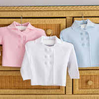 classic childrens clothing girls knit peacoat in light pink, white, and light blue