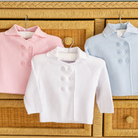 classic childrens clothing girls knit peacoat in light pink, white, and light blue