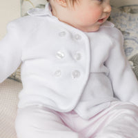 Little English baby knit button front coat in white, baby jogger set in light pink