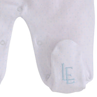 Little English traditional baby clothes, classic white knit footie with peter pan collar, light blue picot trim, and smocking across the chest with light blue car in the center