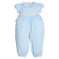 little english classic children's clothes, little girls light blue corduroy romper with floral ruffled collar and belted bow for fall