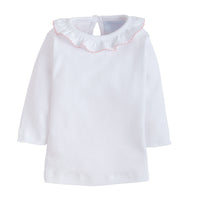 little english classic childrens clothing, girls white blouse with ruffled collar and pink trim picot