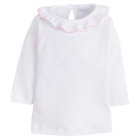 little english classic childrens clothing, girls white blouse with ruffled collar and pink trim picot