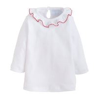 little english classic childrens clothing, girls white blouse with ruffled collar and red picot trim
