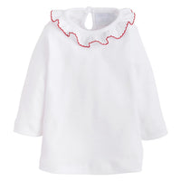 little english classic childrens clothing, girls white blouse with ruffled collar and red picot trim