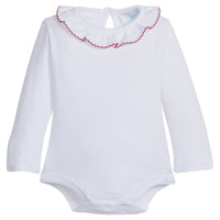 Little English classic kids clothing, long sleeve white knit onesie with ruffled collar trimmed in red picot for baby girls