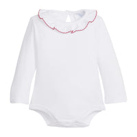 Little English classic kids clothing, long sleeve white knit onesie with ruffled collar trimmed in red picot for baby girls