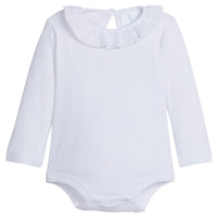 Little English classic kids clothing, long sleeve white knit onesie with ruffled collar trimmed in white picot for baby girls