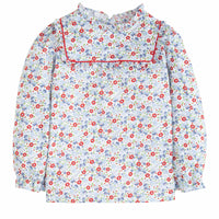 Little English classic kids clothing, girls blouse in blue and red floral pattern with ruffles around neck and sleeves and red piping detailing