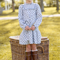 little english classic children's clothes, girls light blue, brown, and cream plaid long sleeve dress with tie waist and ruffled high neck for fall