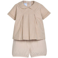 Little English traditional children's clothing. Short sleeve pleated peter pan shirt in khaki gingham paired with khaki stone corduroy banded shorts. Fall set for toddler boys.