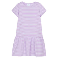 Little English classic children's clothing, girl's short sleeve purple stripe knit dress with drop waist