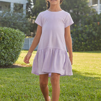 Little English classic children's clothing, girl's short sleeve purple stripe knit dress with drop waist
