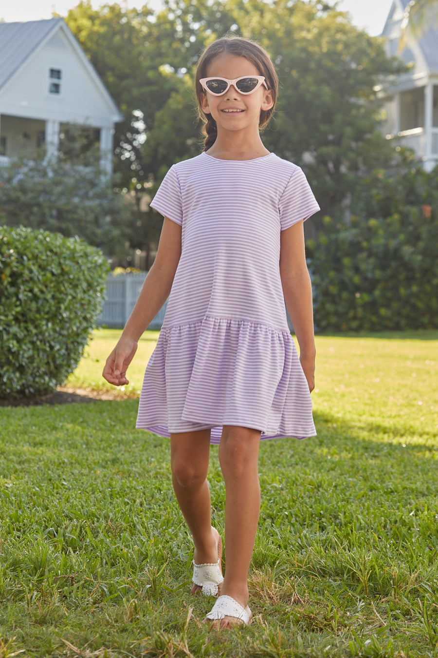 Little English classic children's clothing, girl's short sleeve purple stripe knit dress with drop waist