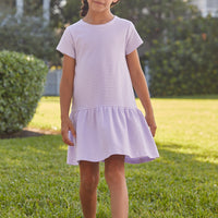 Little English classic children's clothing, girl's short sleeve purple stripe knit dress with drop waist