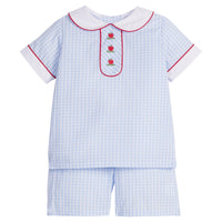 Little English classic short set for little boys. Light blue gingham short sleeve shirt and short set with peter pan collar, red piping, and apple embroidery for back to school.