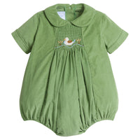little english classic children's clothes, boys green corduroy bubble with peter pan collar and smocking on the chest with mallard motif