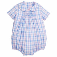 Little English traditional children's clothing. Baby boy smocked peter pan bubble for spring. Pink, blue, and green plaid bubble, Easter outfit for baby boys