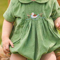 little english classic children's clothes, boys green corduroy bubble with peter pan collar and smocking on the chest with mallard motif
