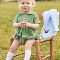 little english classic children's clothes, boys green corduroy bubble with peter pan collar and smocking on the chest with mallard motif, Mallard crochet cardigan with wooden buttons