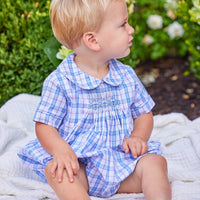 Little English traditional children's clothing. Baby boy smocked peter pan bubble for spring. Pink, blue, and green plaid bubble, Easter outfit for baby boys