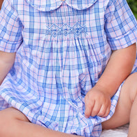 Little English traditional children's clothing. Baby boy smocked peter pan bubble for spring. Pink, blue, and green plaid bubble, Easter outfit for baby boys