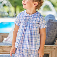 Little English traditional children's clothing. Toddler boy's smocked peter pan short set. Blue, pink, and green plaid Easter outfit for little boys