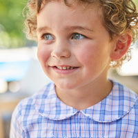 Little English traditional children's clothing. Toddler boy's smocked peter pan short set. Blue, pink, and green plaid Easter outfit for little boys