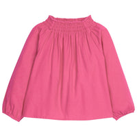 Little English girl's long sleeve pink blouse with ruching at collar
